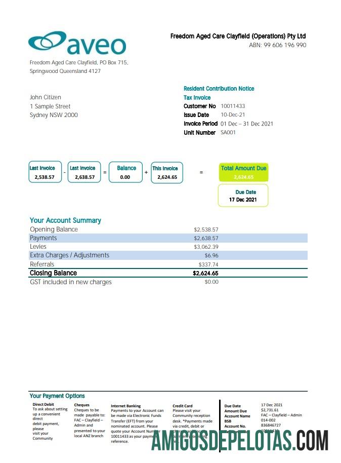 Modelo de extrato bancário Aveo da Austrália para impressão em formato de arquivo .xls e .pdf
